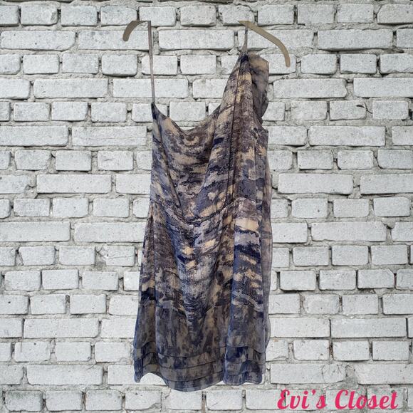 NWT Max Azria Women's One Strap Ruffled Mini Dress Grey/Blue. 100% Silk. Size  L - Picture 1 of 9